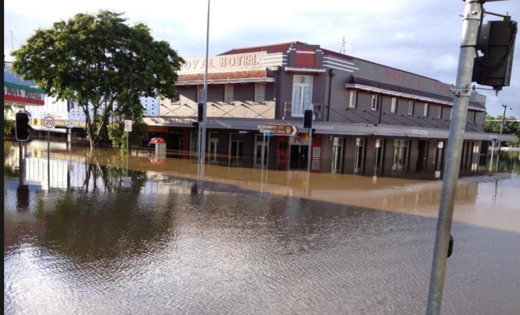 The Art Deco Royal Hotel surrounded by floodwaters in a recent Gympie flood